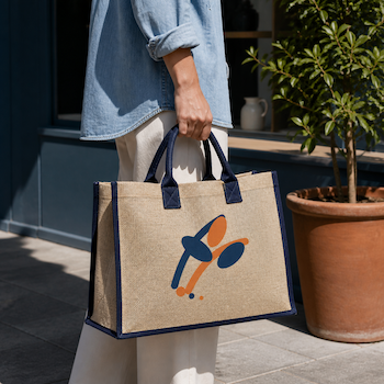 Person carrying a jute shopping bag with navy trim, printed with an abstract orange and blue design, beside a potted plant.